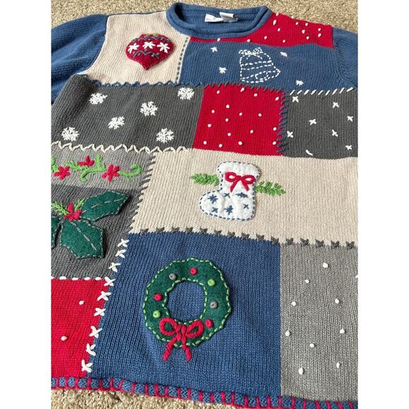 Cherokee Christmas Sweater Patchwork Style Sz M Womans Embellished Cotton blend - Picture 5 of 7
